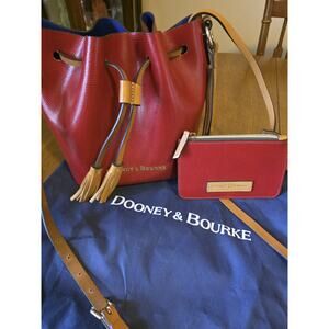 Dooney & Bourke Pebble Leather Drawstring Shoulder Bag Bucket Red with Coin Bag
